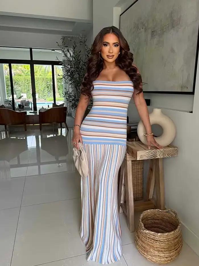 Robe longue d'été pour femme à fines bretelles, décontractée et chic, amincissante à la taille, rayée, tricotée, élégante, sans manches, pour les vacances