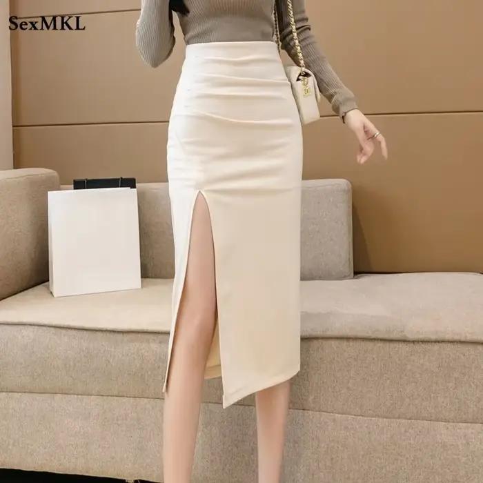 Jupes noires mi-longues sexy Owmen 2024 mode élégante taille haute Faldas Largas Style coréen bureau dames moulante jupe d'été