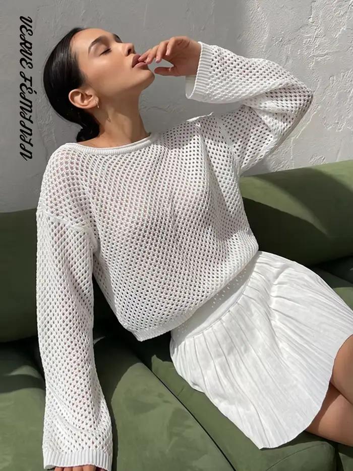 Ensemble haut tricoté ajouré et mini-jupe plissée pour femme, hauts amples à manches longues col rond sexy, jupes à taille élastique, tenues chics pour femmes