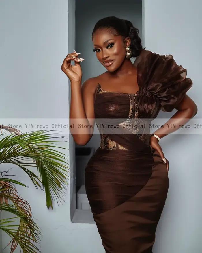 Aso Ebi – robe de soirée marron pour femmes, asymétrique épaule dénudée, plissée, robes de fête de mariage africaines, longue robe d'occasion formelle personnaliséeAso Ebi robes de soirée marron pour 