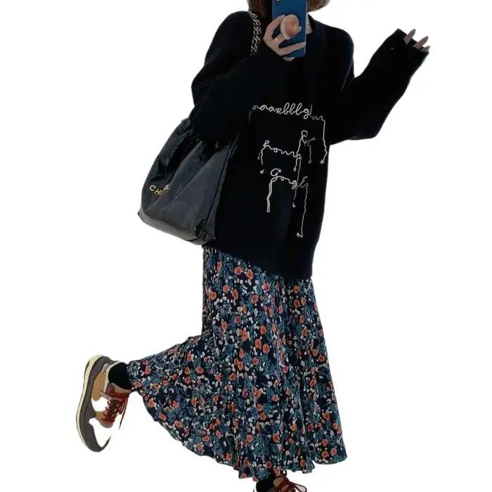 Jupe midi à imprimé floral bleu pour femme
