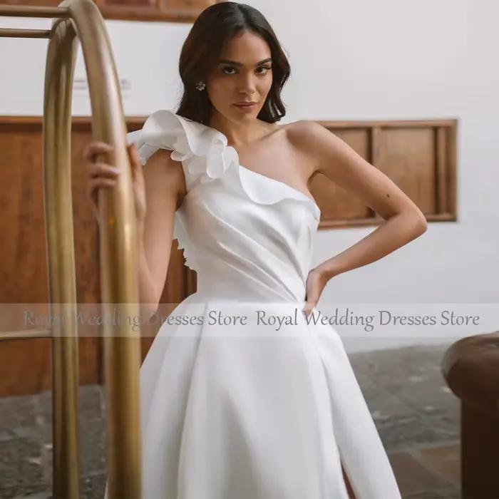 Robe de Mariée Simple en Satin à Volants avec Fleurs 3D, Ligne A, Fendue sur le Côté, pour Femme, Patients Longs, 2023
