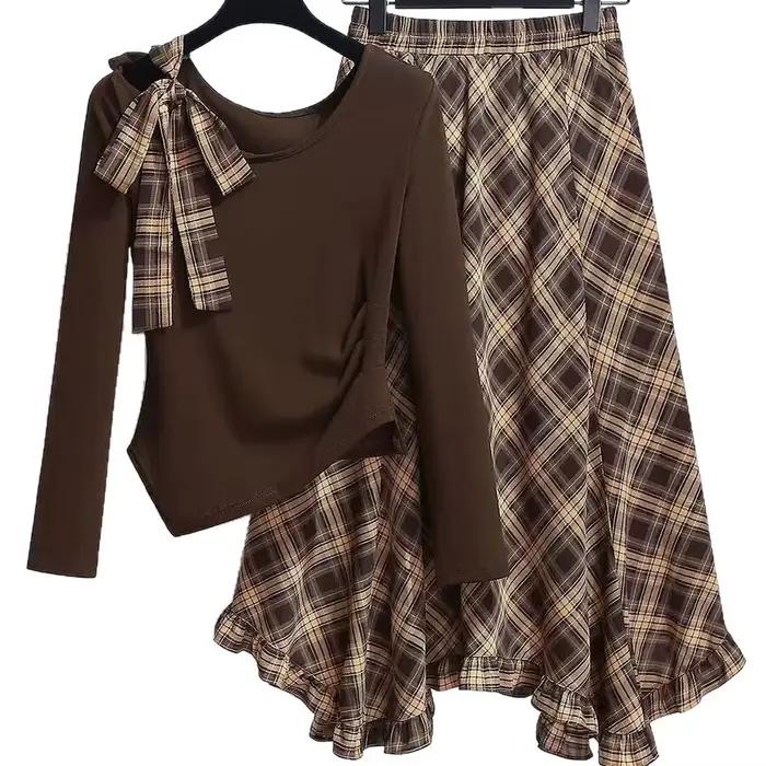 Ensemble jupe mi-longue en mousseline à carreaux tendance avec manches longues asymétriques, nouvelle robe fine printemps 2026 pour femme, élégante et polyvalente