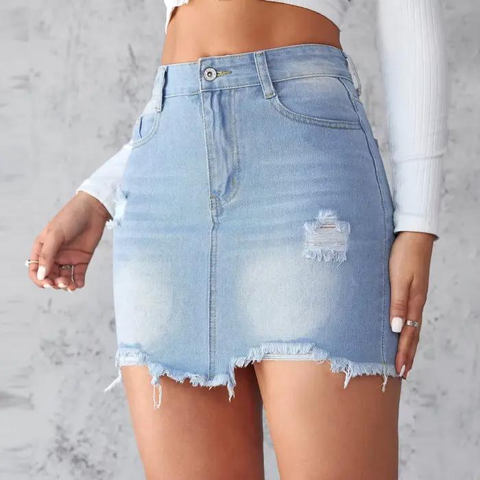 Été nouvelle jupe en jean pour femmes mode courte Sexy déchiré bord brut