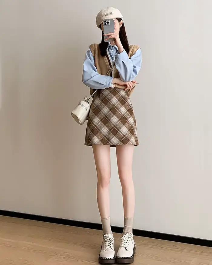 Jupe demi-plaid A-Word en laine de luxe