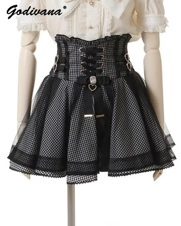 Liz japonais nouvel été bord en dentelle anneau en cuir taille haute jupe plissée nœud de ruban jupes courtes tout-match gros nœud Blouses Lolita