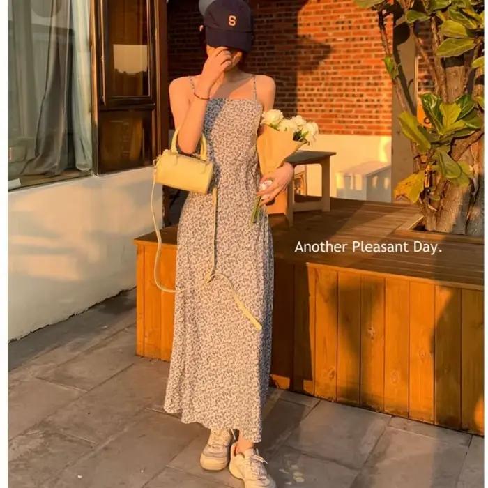 Robe longue d'été pour femme, robe à fleurs bleue, style français, robe vintage pour les vacances