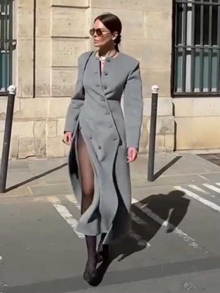 Manteau Long en laine grise pour femmes, col rond, manches longues, boutons asymétriques, Design, Silhouette élégante, vêtements d'extérieur chauds, manteau d'automne 2025