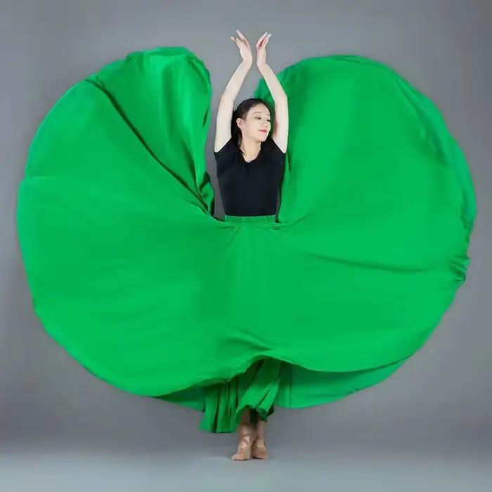 Jupe de danse plissée à 720 degrés pour femmes, couleur unie, taille haute, en mousseline de soie, grande balançoire, longue jupe pour spectacle sur scène