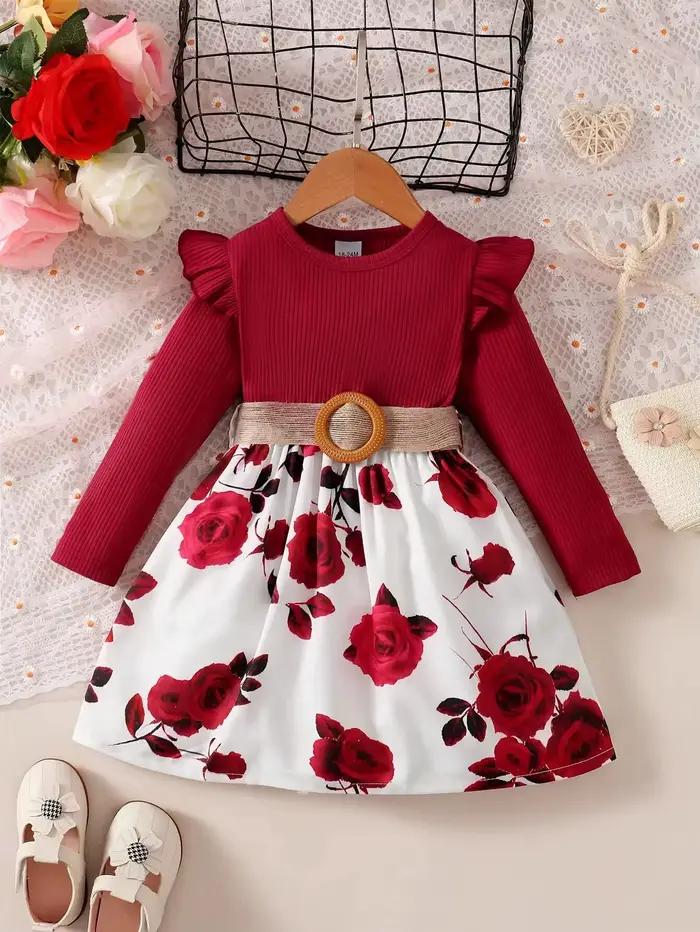 Robe à manches longues pour filles de 1 à 7 ans, jupe à fleurs avec ceinture, tenue de fête d'anniversaire, vêtements de nouvel an