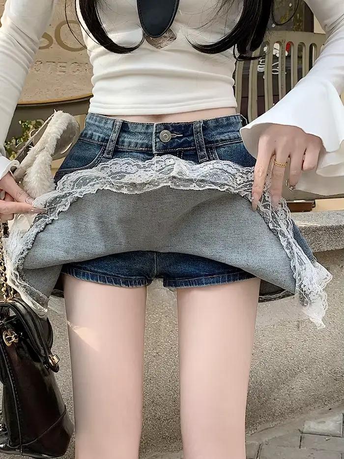2025 été Mini Y2K Denim jupe femmes mode Streetwear volants Kawaii dentelle jupes Shorts Preppy école plissée jean jupe