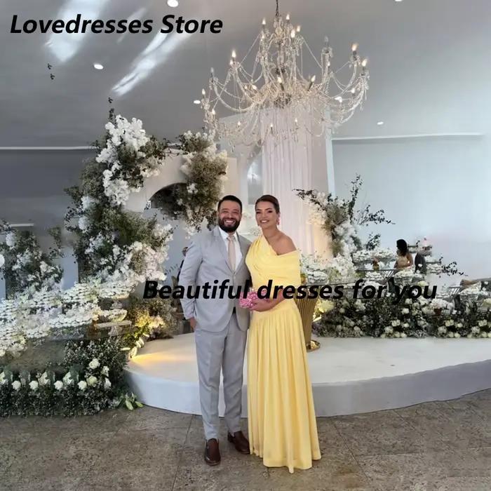 Robes de soirée jaunes personnalisées, asymétriques à une épaule, en mousseline drapée et plissée, longueur ras du sol, pour invitées de mariage, demoiselles d'honneur et soirées formelles