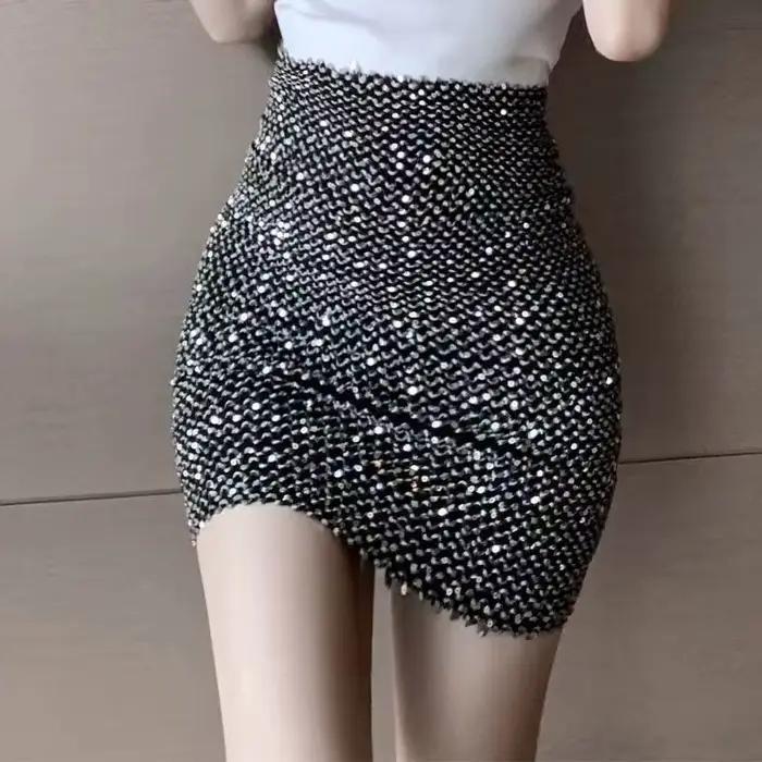 Jupes mi-longues à sequins pour femmes, jupe ronde, taille haute, vêtements élastiques, mode coréenne, chic et élégante, hanche serrée, sexy