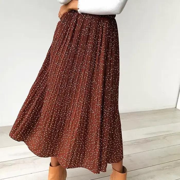Jupe Midi Plissée à Pois Blancs et Imprimé Floral pour Femme, Taille Haute artificiel astique, Poches Latérales, Élégante, Astronomique, Été 2019
