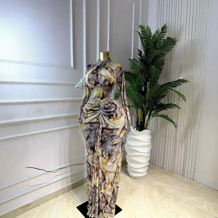 Robe longue imprimée pour femme, style Y2K streetwear, sexy, manches longues, moulante aux hanches, élégante, avec empiècements, pour soirée, travail ou occasion spéciale 2026