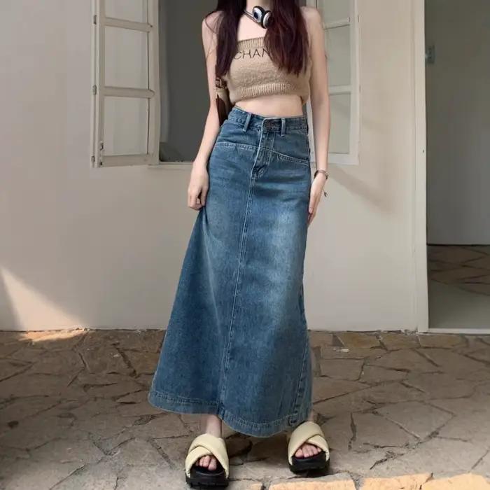 Jupe en jean droite rétro bleue pour femme