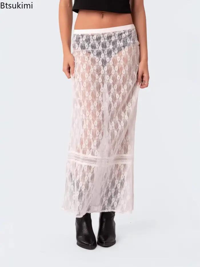 Jupe longue sexy en dentelle et résille transparente pour femme 2026