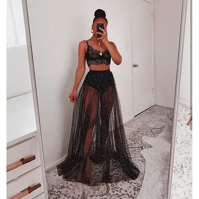 Jupe longue femme en maille transparente
