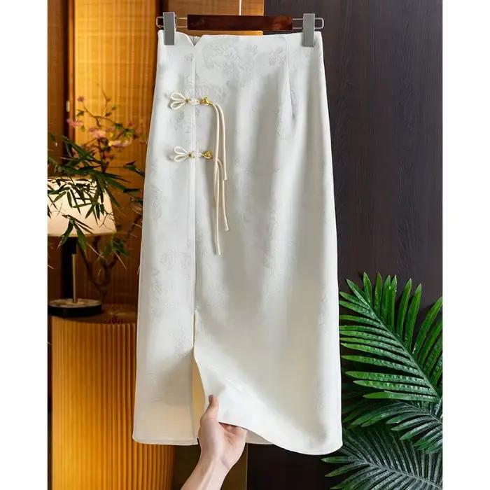 Jupe Jacquard Retro Chic Femme Taille Haute Fente Perlée Printemps Automne Activités Sportives Occasions Spéciales
