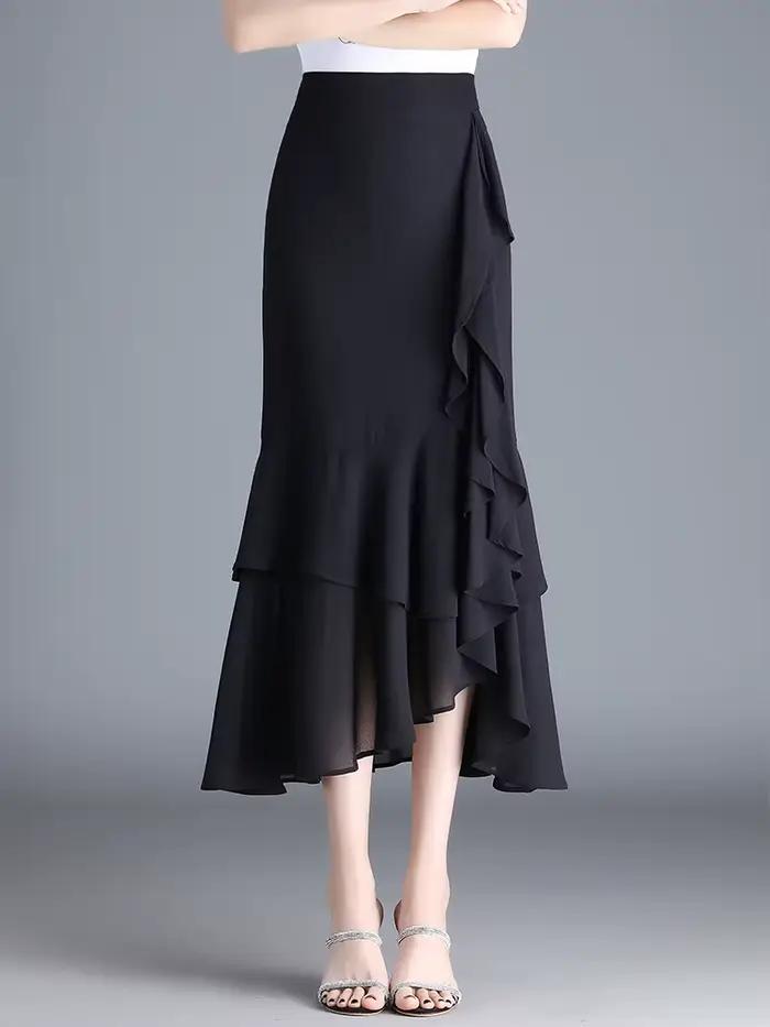 ZUZK-Jupe longue en mousseline de soie à imprimé léopard pour femme, irrégulière, queue de poisson, élégante, taille haute, fête de luxe, volants, été