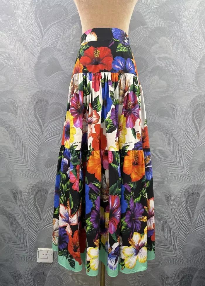 Jupe longue noire à fleurs pour femme, taille haute, à volants superposés, coupe évasée