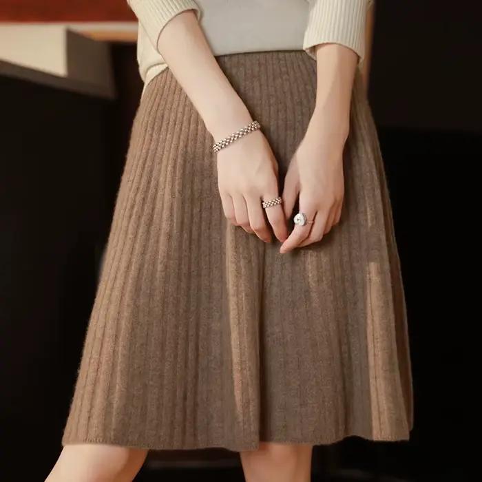 Femmes élégantes 100% laine tricoté jupe mode coréenne solide décontracté une ligne dames plissée