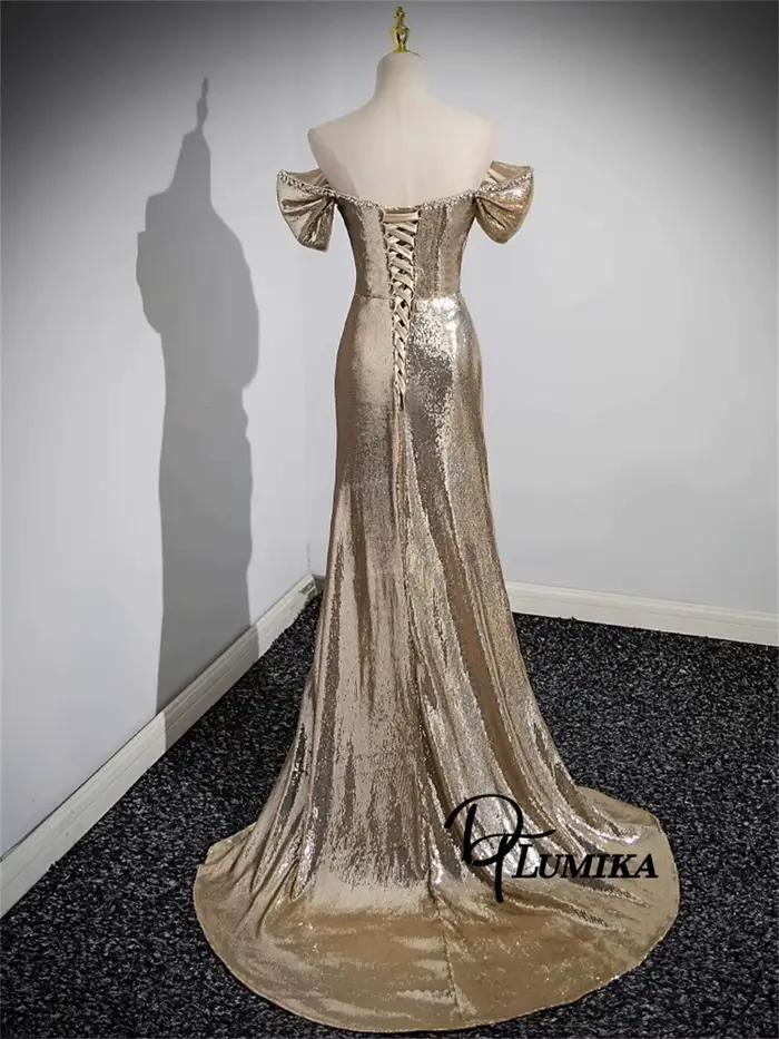 DTLumika - Robe longue à paillettes dorées, manches épaules dénudées, col en cœur perlé, longue gaine, robe de bal, robes de soirée