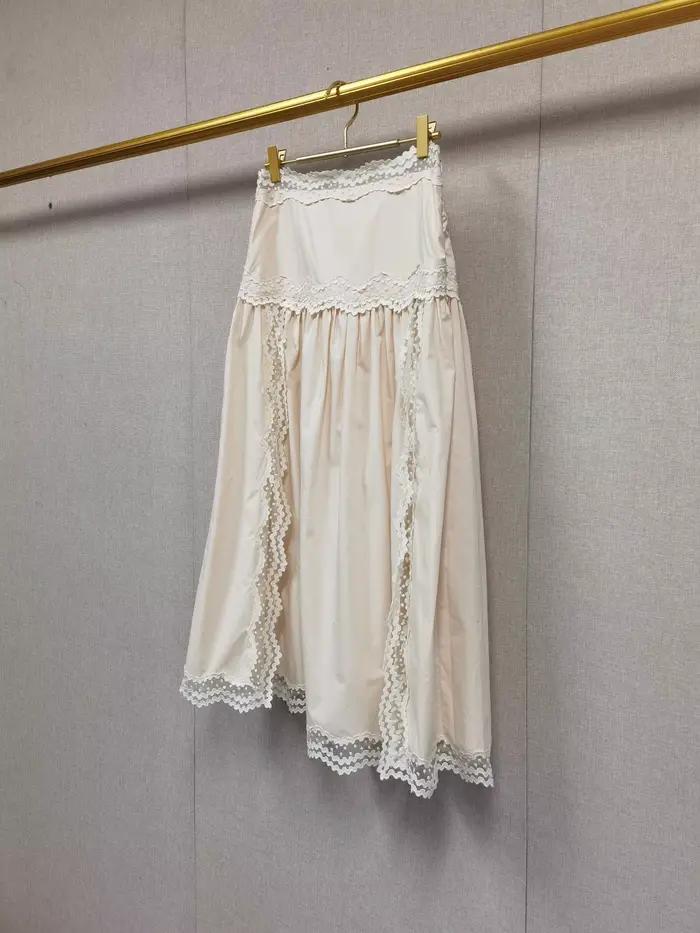 Jupe mi-longue évasée à taille haute pour femme avec bordure en dentelle ou débardeur court sans manches à épaules
