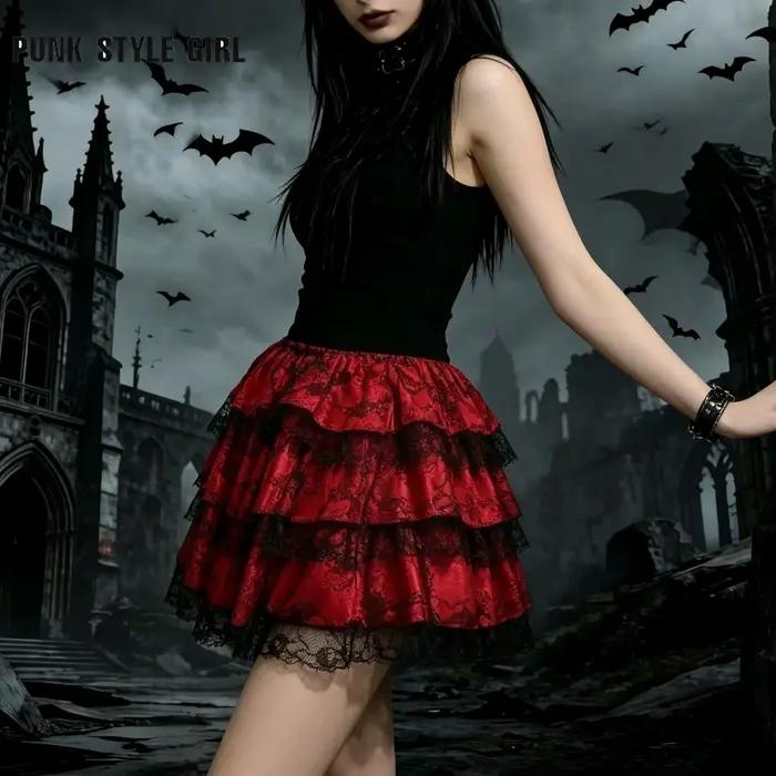 Jupe plissée mini en tulle et dentelle florale pour femme, noire, rouge, verte, violette, style grunge steampunk, superposée et à volants, pour déguisement