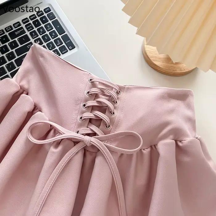 Ensemble jupe Sweet Lolita pour femme, chemisier court à manches bouffantes, mini jupe à volants roses, col carré, nœud français élégant, imbibé