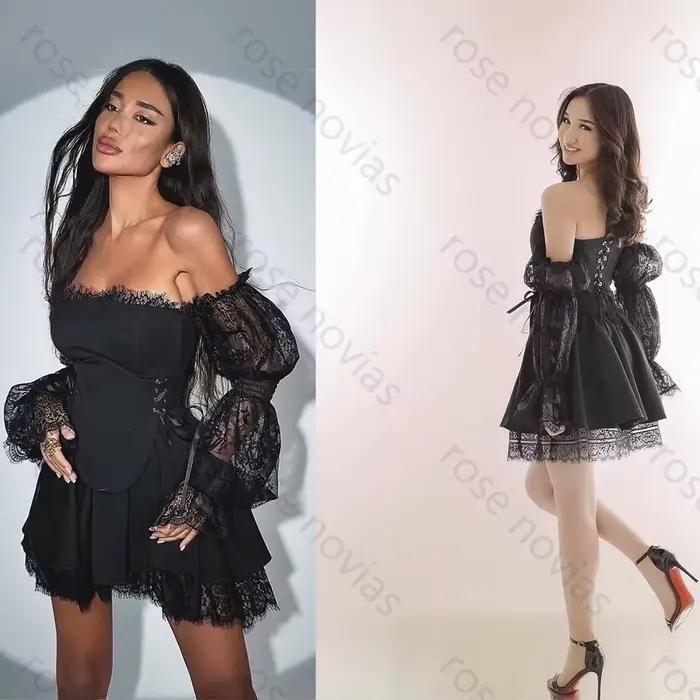 Robes de cocktail noires élégantes personnalisées, coupe trapèze, sans bretelles, en dentelle de haute qualité, longueur genou, pour occasions spéciales