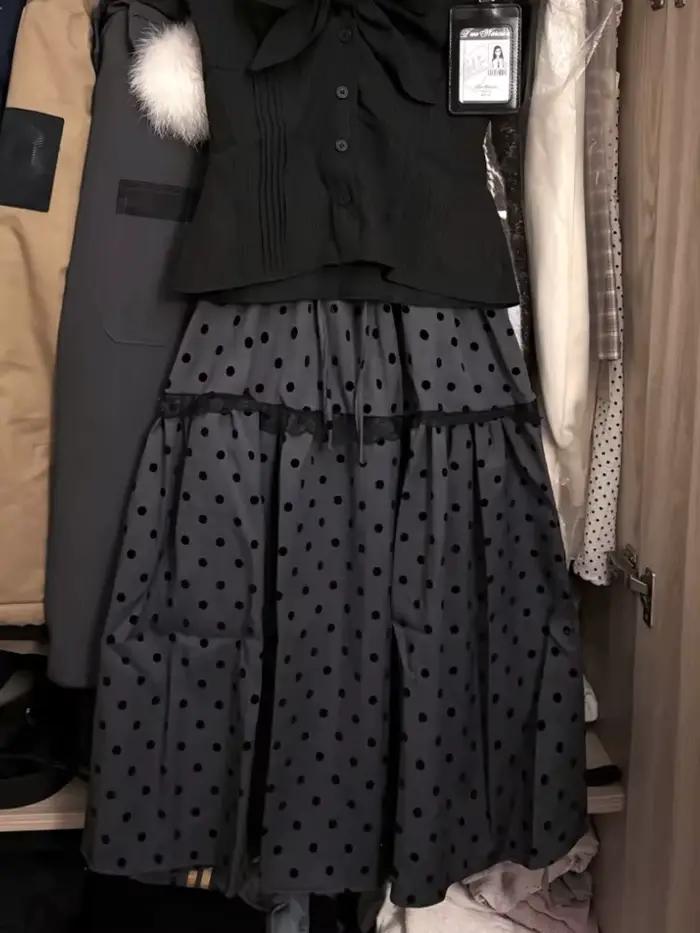 Jupes à pois pour femmes, nouveau Design gris esthétique Vintage, jupes mignonnes rétro américaines, ligne a japonaise en dentelle, vêtements populaires coréens