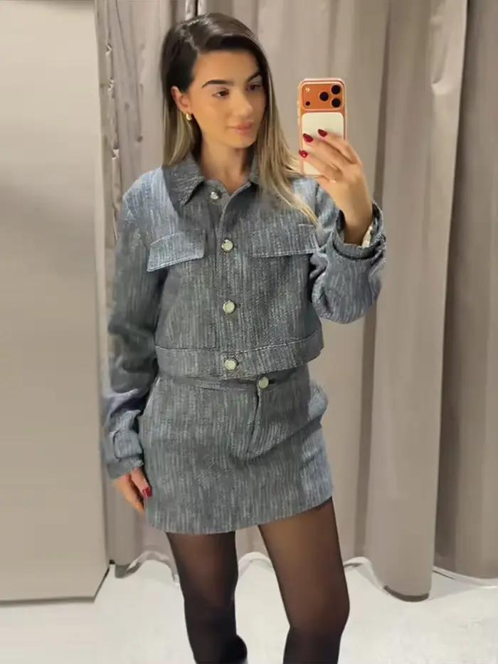 Ensemble coordonné pour femmes : veste courte boutonnée en jean et mini-jupe taille haute – Tenue décontractée pour le bureau, printemps-été