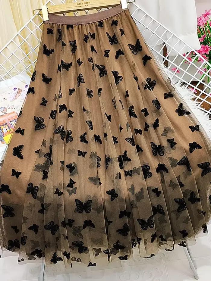 Jupe longue en tulle floqué papillon pour femme