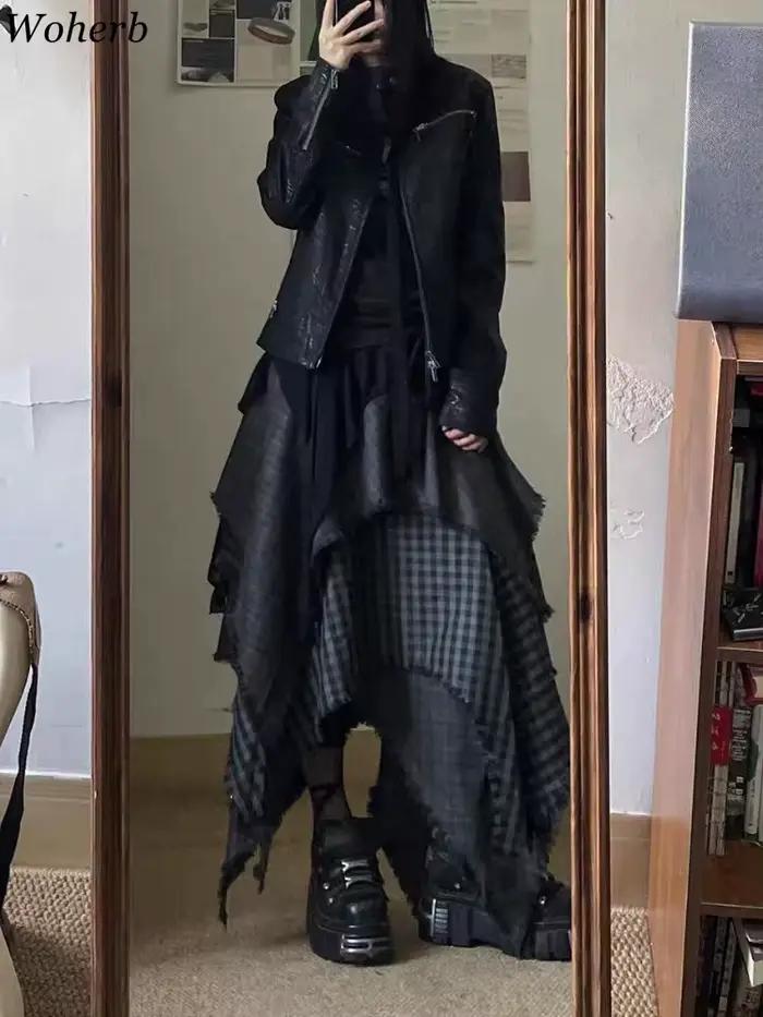 Jupe femme à carreaux irréguliers 2025 Faldas Mujer De Moda taille haute a-ligne glands