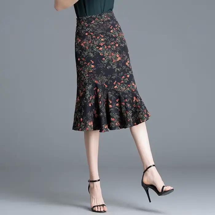 Jupe mi-longue sirène à imprimé floral pour femme