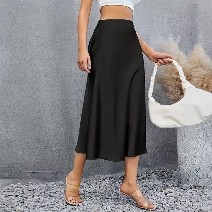 Femmes mode Satin solide plissé jupe Midi Vintage taille mi-élastique femme Chic dame jupes coréen