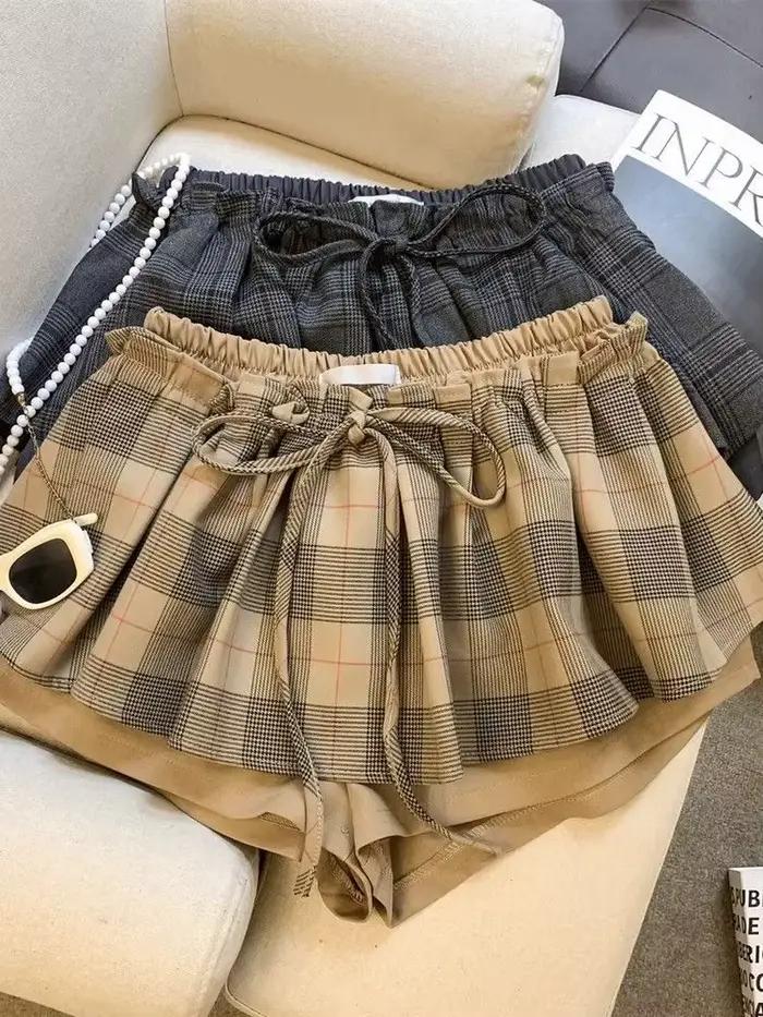 Jupe à carreaux taille basse style doux pour femmes