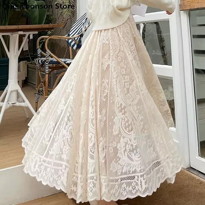 Jupes longues Maxi pour femmes printemps été coréen mignon Style princesse élastique taille haute a-ligne jupe en dentelle florale blanc noir