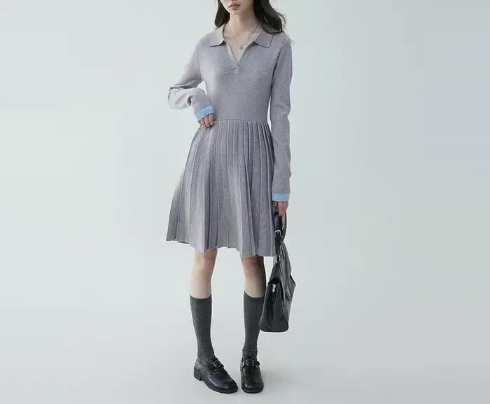 Robe tricotée plissée à col POLO pour femmes