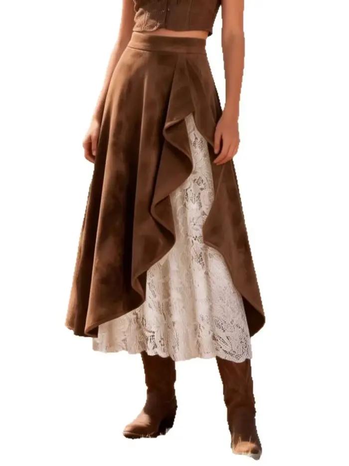 Jupe mi-longue en daim marron pour femme