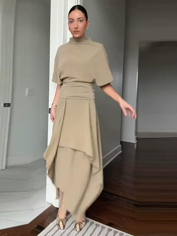 Ensemble élégant chemise asymétrique et jupe pour femme – Chemises unies à manches courtes col rond et jupes longues taille haute – Collection été 2026 tendance