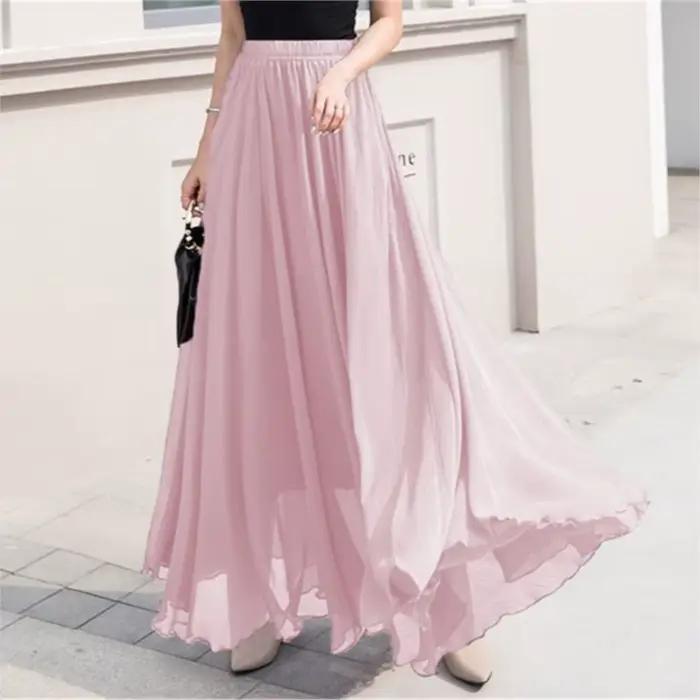 Jupe en mousseline de couleur unie pour femmes, nouvelle collection printemps-été, décontractée, ample, taille haute, taille élastique, jupe longue, Roupas Feminina