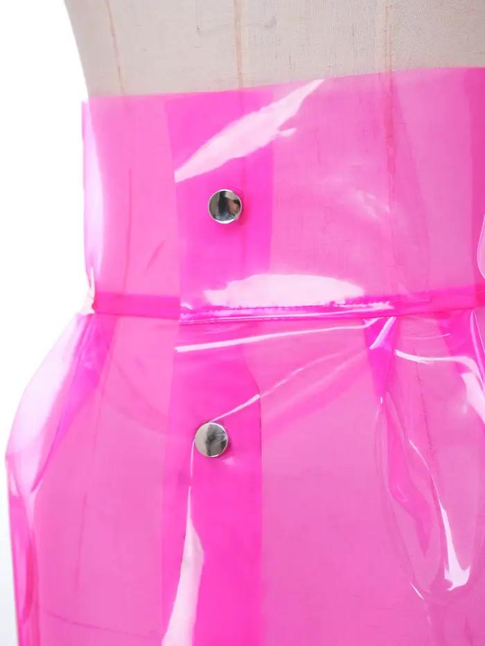 Jupe moulante transparente en PVC pour femme, taille haute, boutons pression sur le devant, jupe crayon mi-longue pour la danse de nuit