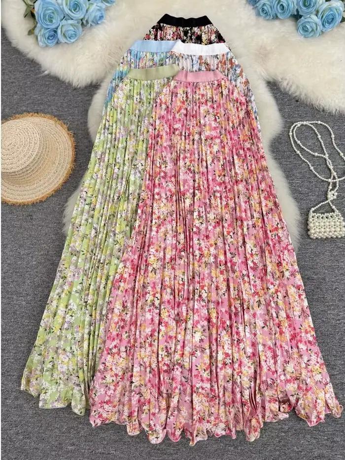 Nouvelle jupe plissée à imprimé floral pour femme, style vacances d'été 2026, élégante et polyvalente, jupe longue