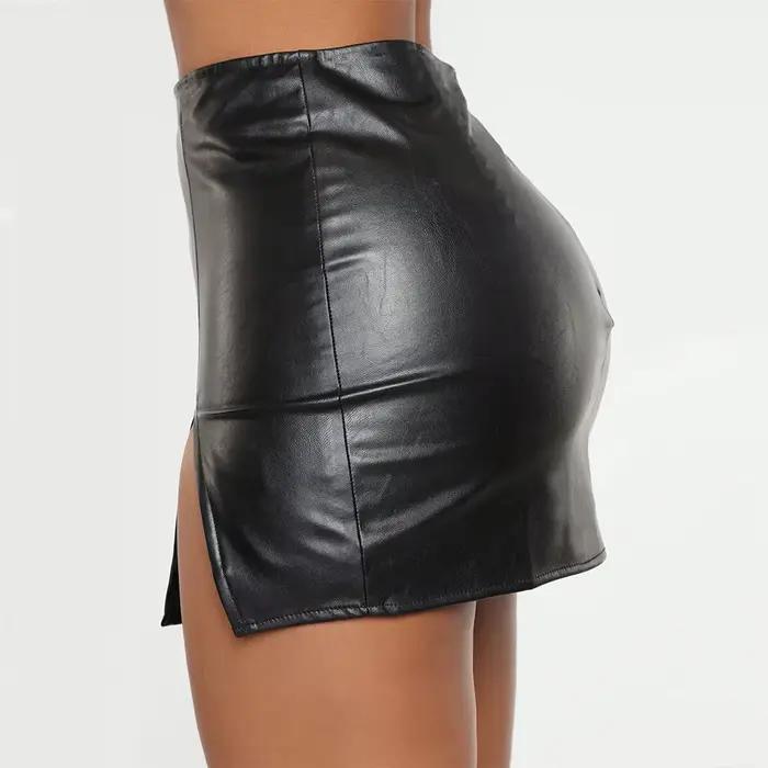 Femmes nouvelles Mini jupes Sexy jupes en polyuréthane fermeture éclair en cuir jupe asymétrique 6 couleurs