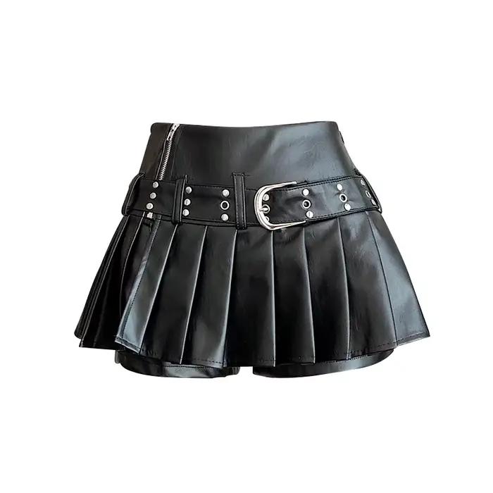 Jupe trapèze gothique noire en cuir plissé pour femmes