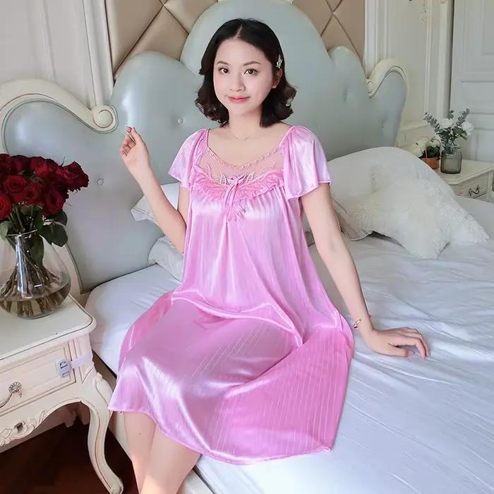 Dames glace soie chemises de nuit robe de nuit longueur moyenne à manches courtes chemise de nuit vêtements de nuit sexy vêtements de maison vêtements de détente pyjama Femme
