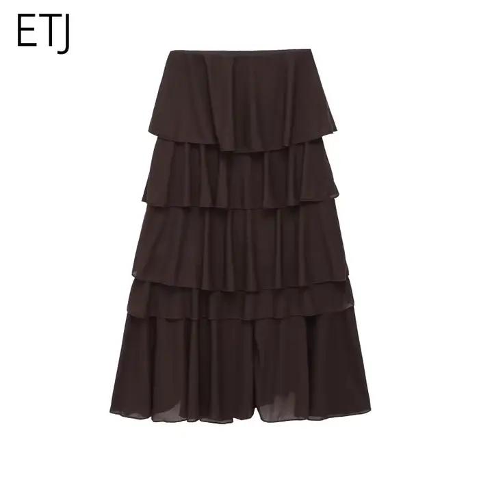 Jupe longue fluide mi-longue à volants étagés pour femme ETJ