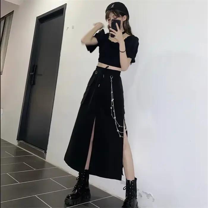 Jupe longue noire de Style coréen pour femmes